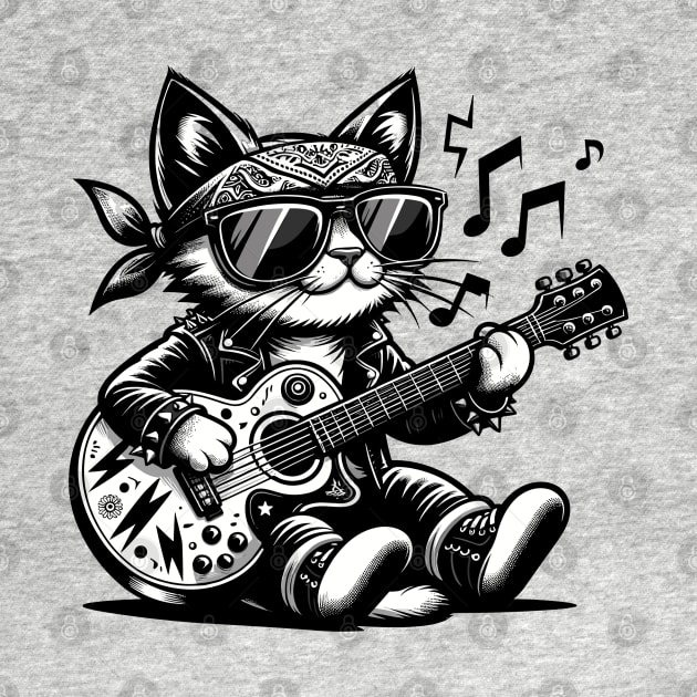 funny Cat Rock Black and White Guitar-Strumming Feline Design by FestiveFiesta